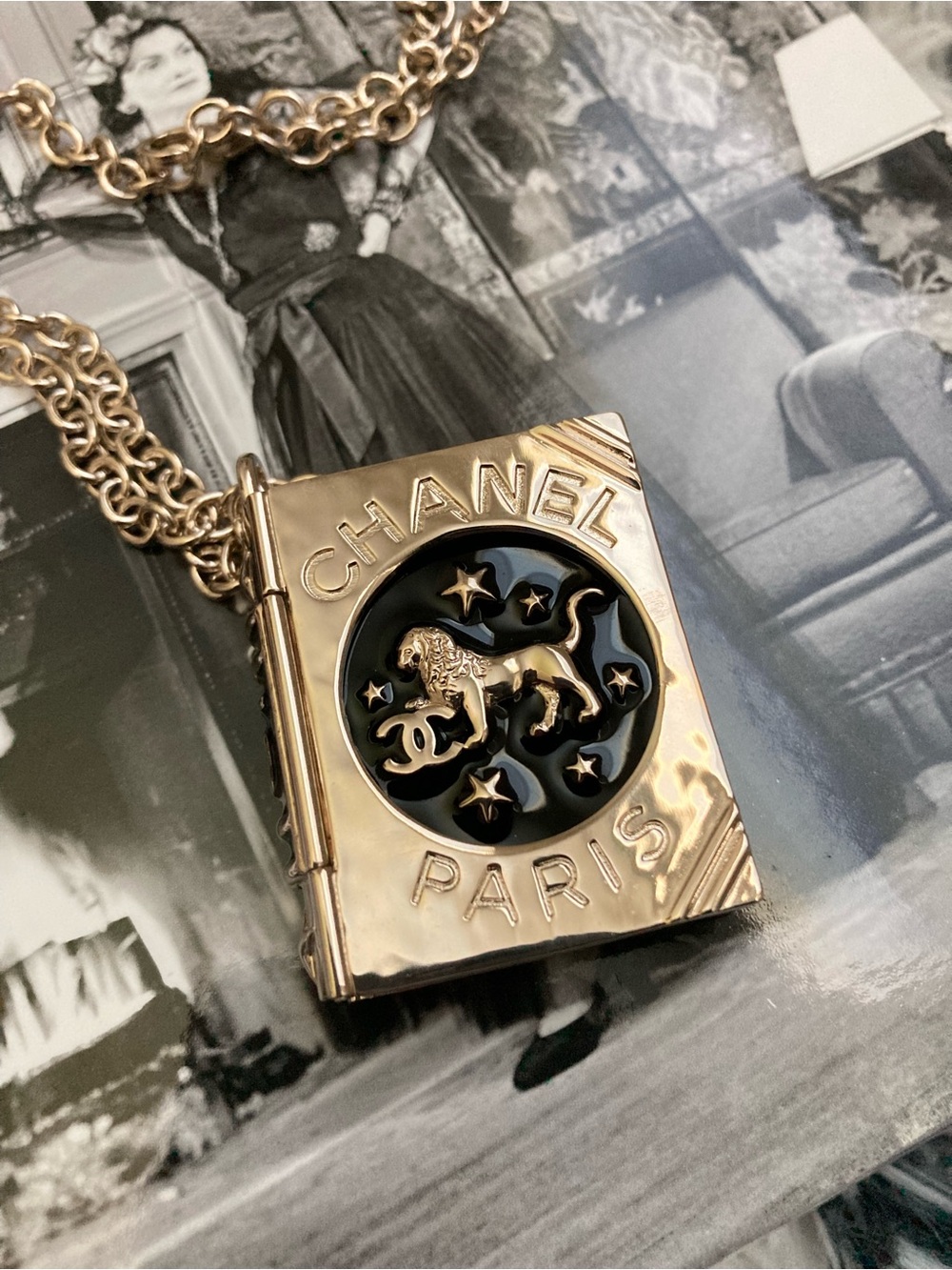 CHANEL Lion Gold-Tone Book Pendant LOCKET Necklace with Black Enamel Medallion